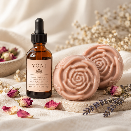 Yoni Care Set — two rose-shaped soap bars with 1 oz nourishing oil bottle — PureButterMelts