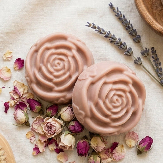 Yoni Soap bars, rose-shaped with soft blush-pink tone and delicate petal detail, styled with dried rose petals and lavender — the therapeutic bar included in every GLOW Bundle Ritual Trio — PureButterMelts