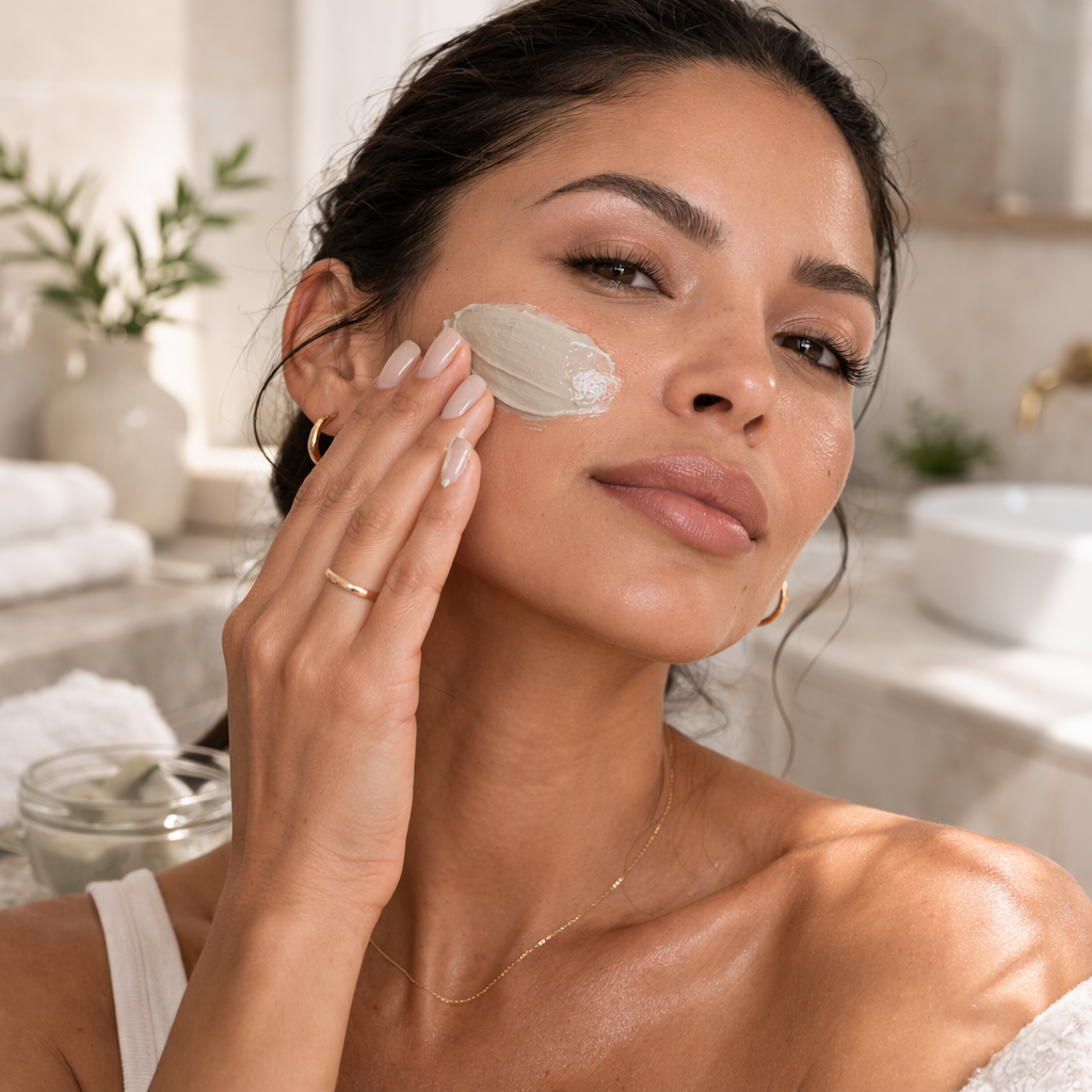 Latina woman applying Clarifying Clay Mask to cheek in soft natural bathroom lighting.