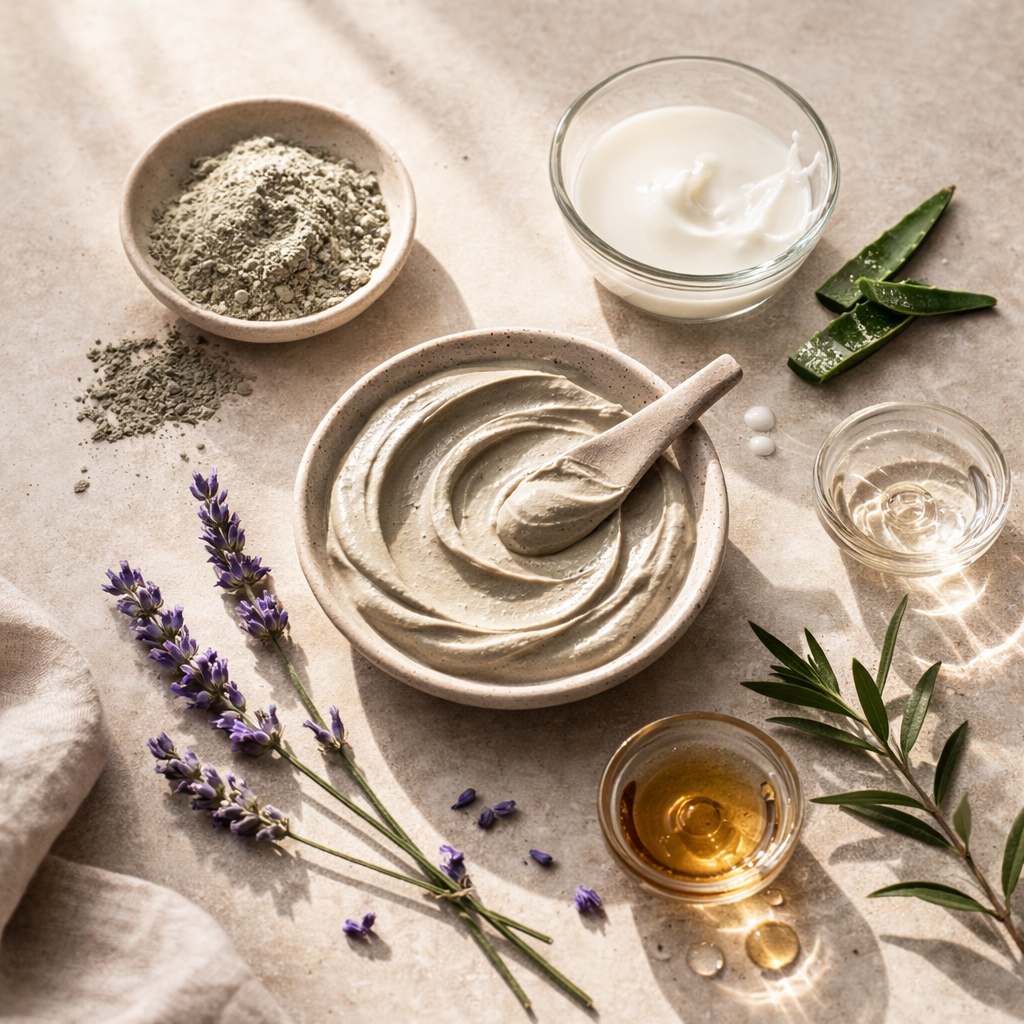 Flat lay of raw ingredients for Clarifying Clay Mask including bentonite clay, goat’s milk, aloe vera gel, lavender, and tea tree on a neutral stone background.