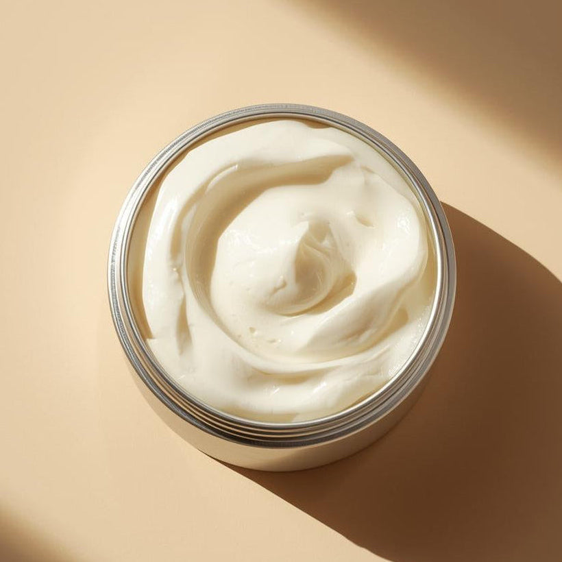 Whipped emulsified shea body butter in amber jar with smooth, creamy texture
