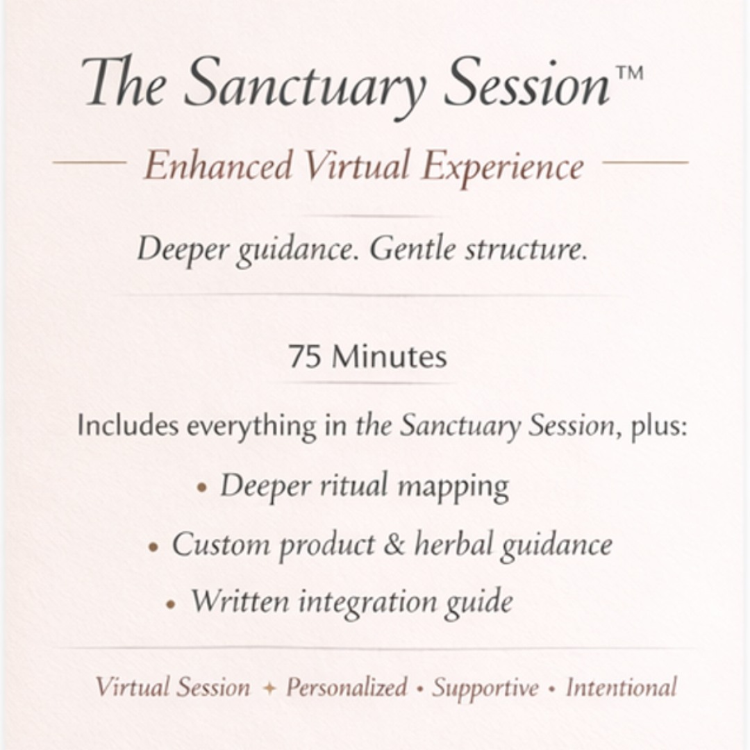 Promotional slide for The Sanctuary Session Enhanced Virtual Experience featuring a 75-minute holistic wellness consultation including ritual mapping, herbal and skincare guidance, and written integration support in a calming feminine wellness design.
