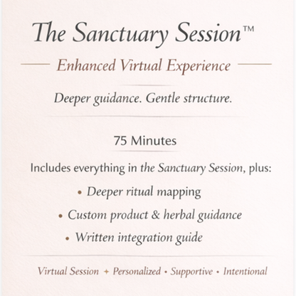 Promotional slide for The Sanctuary Session Enhanced Virtual Experience featuring a 75-minute holistic wellness consultation including ritual mapping, herbal and skincare guidance, and written integration support in a calming feminine wellness design.