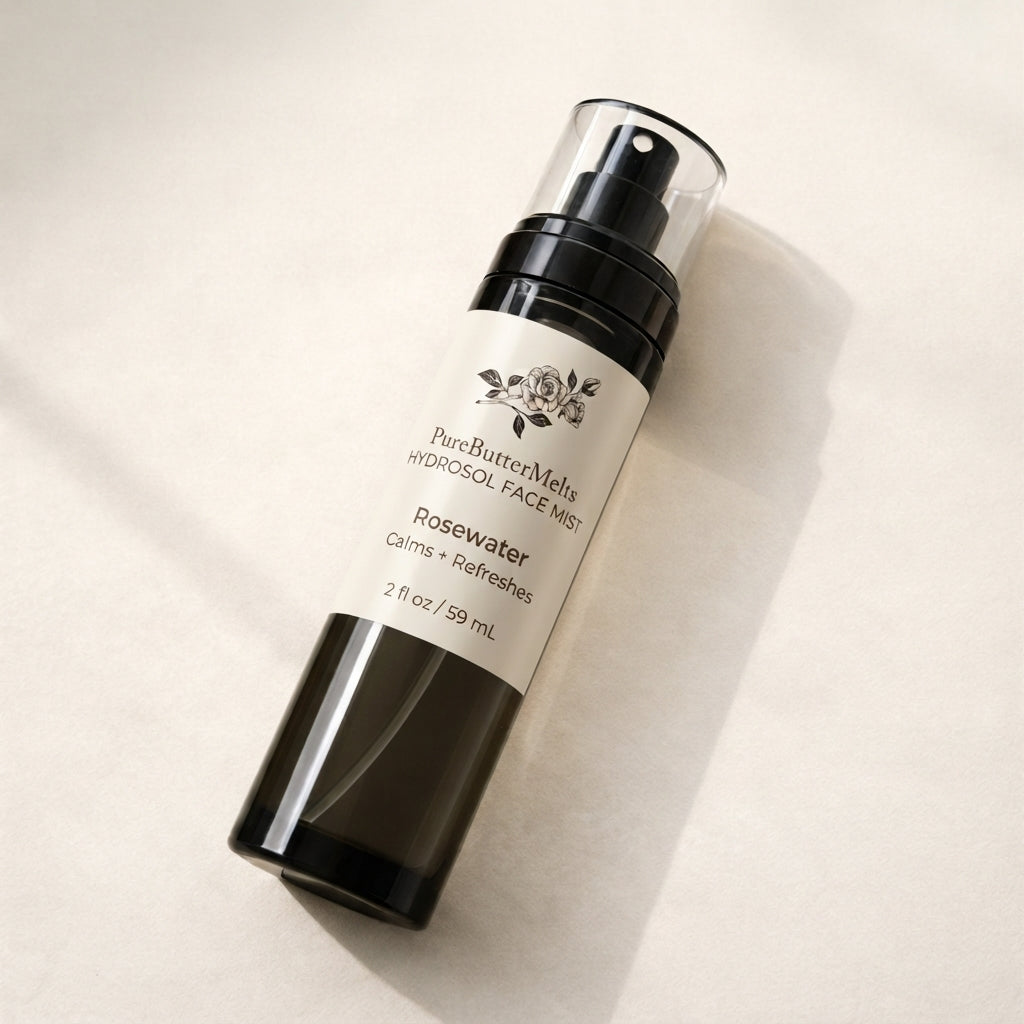 PureButterMelts Hydrosol Face Mist in Rosewater, a smoke-glass pump bottle of calming and refreshing facial toner, 2 fl oz