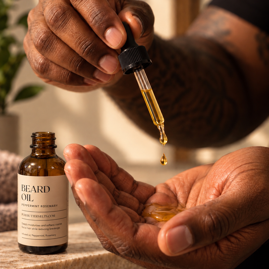Beard oil being dispensed into an open hand before applying — PureButterMelts