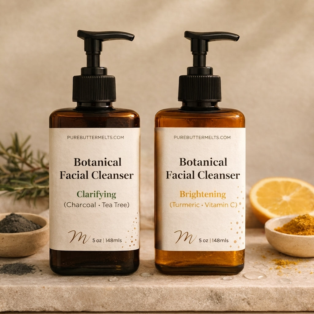 Two amber pump bottles of PureButterMelts Botanical Facial Cleanser, Clarifying with charcoal and tea tree and Brightening with turmeric and vitamin C, styled with rosemary, charcoal, and citrus