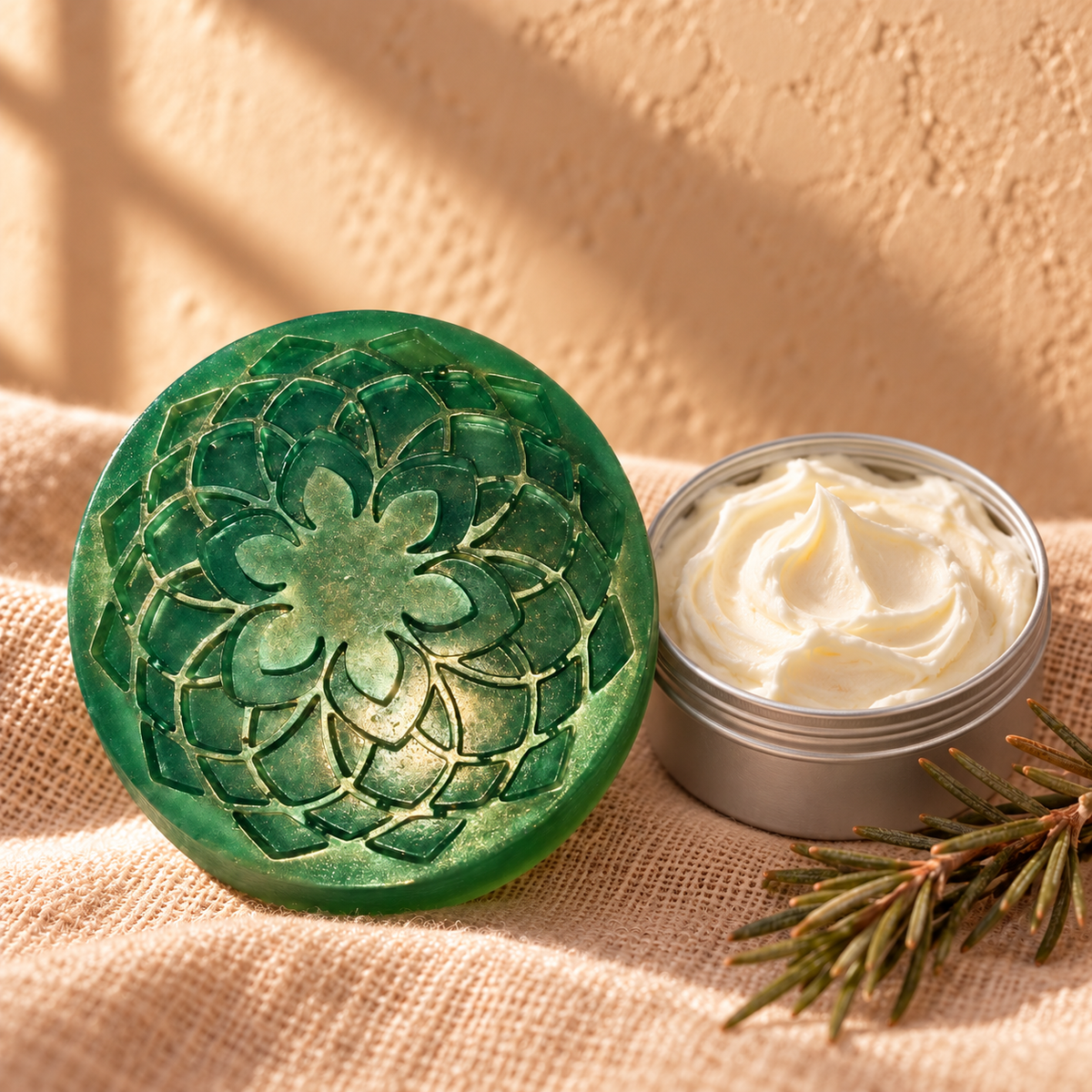 Green mandala-mold peppermint soap bar beside an open 1 oz whipped butter tin, pine sprig on warm linen — PureButterMelts