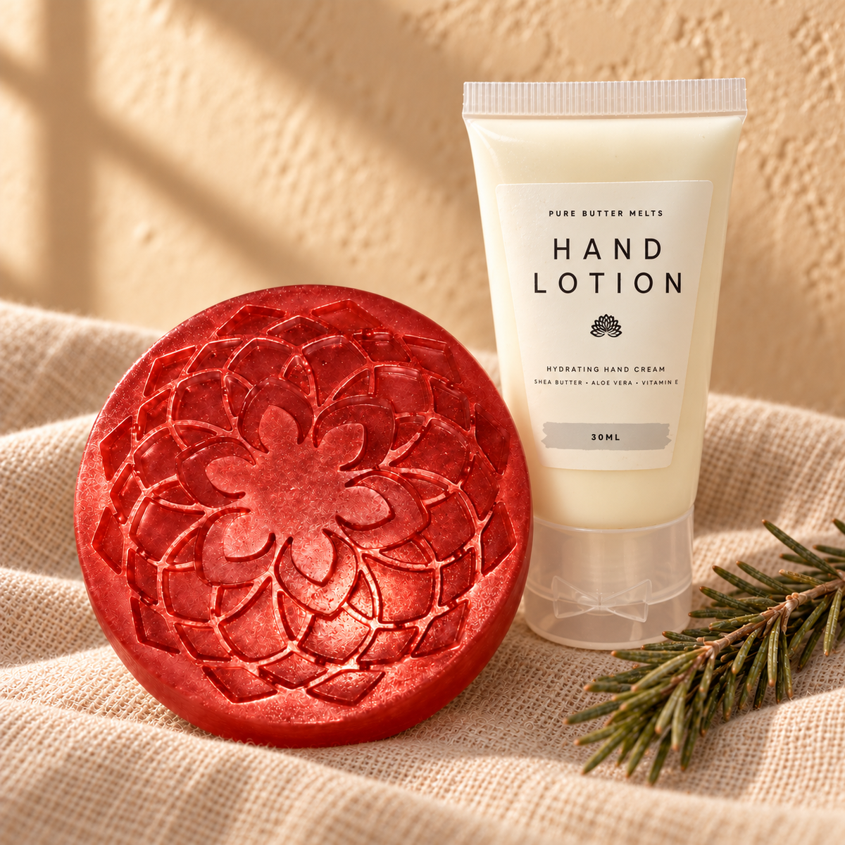 Red mandala-mold peppermint soap bar beside a travel hand lotion tube, pine sprig on warm linen — PureButterMelts