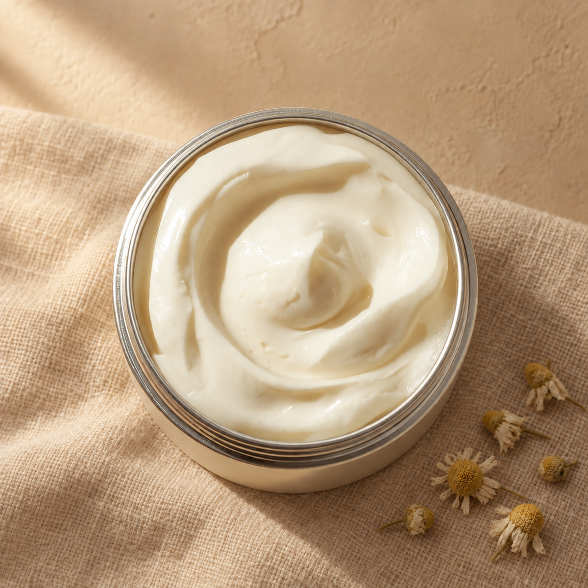 Chamomile whipped body butter in a silver tin on unbleached linen with dried chamomile flowers beside it — PureButterMelts