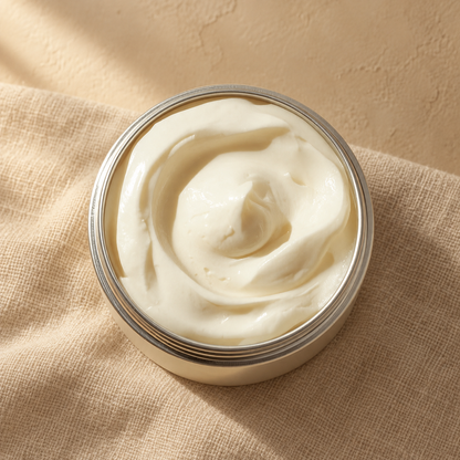 Natural whipped body butter in a silver tin on unbleached linen against a warm plaster wall — PureButterMelts