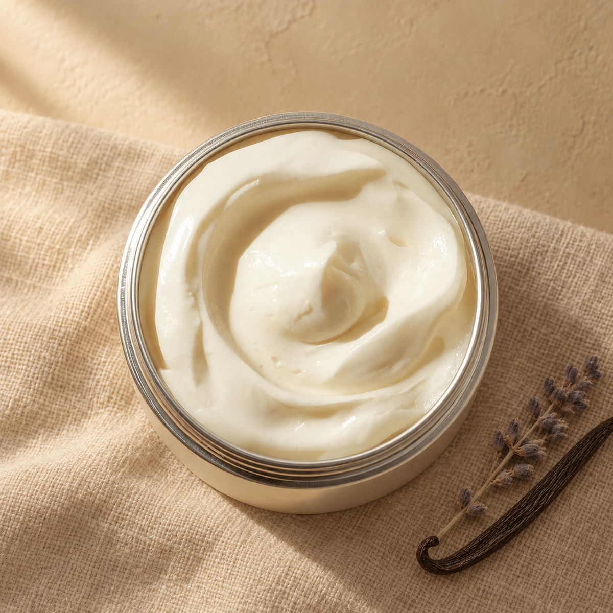 Vanilla Lavender whipped body butter in a silver tin on unbleached linen with a sprig of dried lavender and a vanilla pod — PureButterMelts