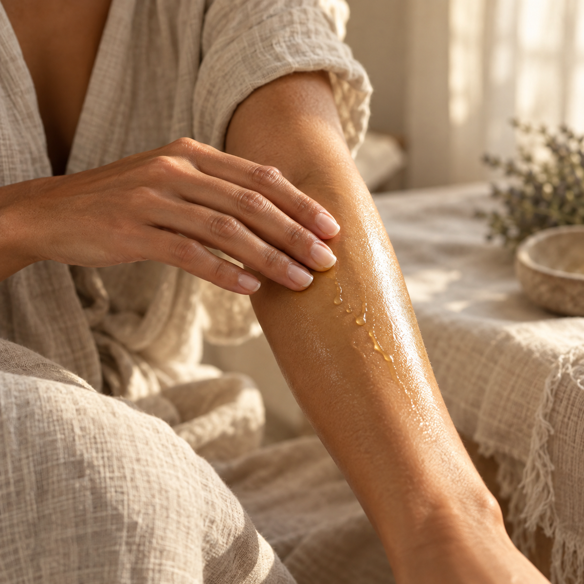 Pure Body Oil being smoothed along a forearm in soft natural light — PureButterMelts