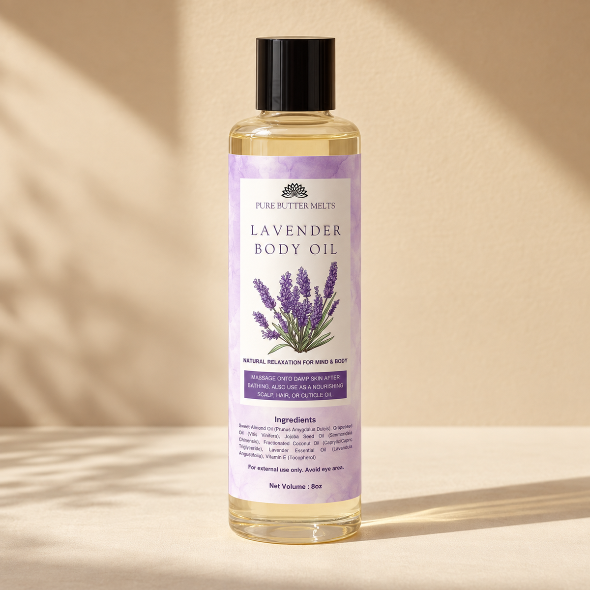 Pure Body Oil in Lavender, an 8 oz clear glass bottle of botanical body oil — PureButterMelts