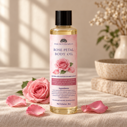 Pure Body Oil in Rose Petal, an 8 oz clear glass bottle of botanical body oil — PureButterMelts