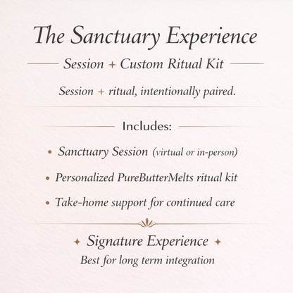 Promotional slide for The Sanctuary Experience featuring a personalized wellness session paired with a custom PureButterMelts ritual kit designed for long-term self-care integration and holistic emotional and physical restoration.