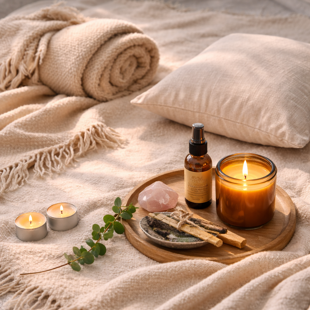 Sound bath preparation setup with folded blanket, meditation pillow, candle, and wellness oils arranged for a relaxing virtual sound healing experience.