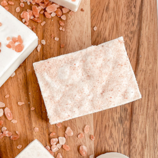 Salted Spa Exfoliating Soap bar with visible pink Himalayan salt crystals — PureButterMelts